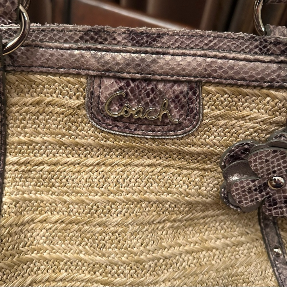 Coach Vintage Straw Tote With Python Leather Trim - image 3